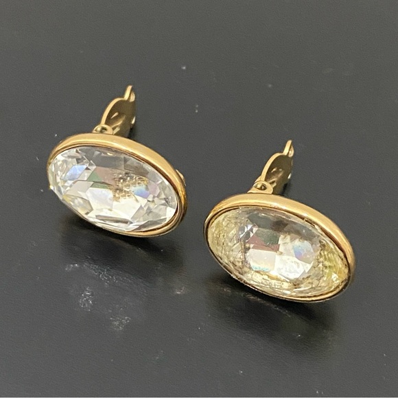 Vintage GIVENCHY New York Goldtone Oval Clear Crystal Rhinestone Clip Earrings - Picture 7 of 16